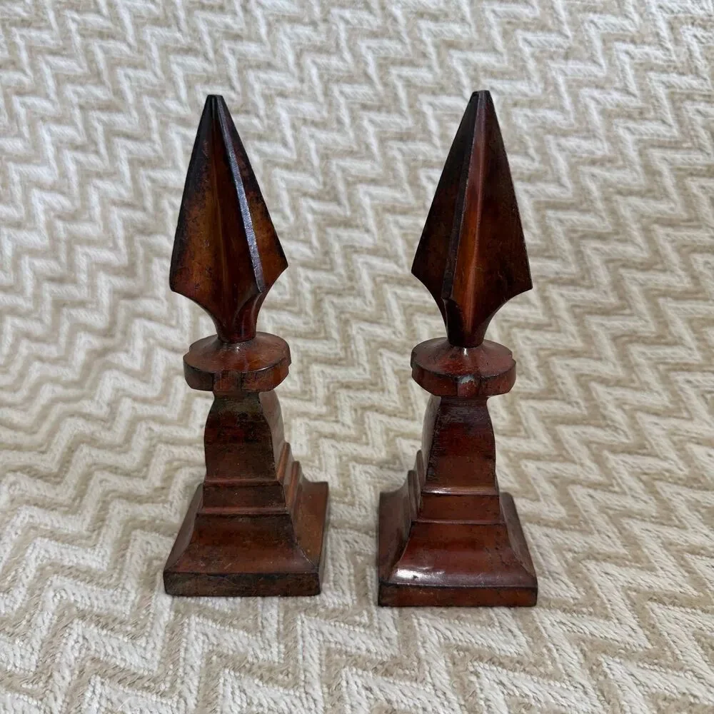 Vintage Hosley Solid Brass Finial Spears Burl Wood Finish Set of 2